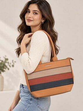 Giovana Tan Brown Rust Black Colourblock Tote Shoulder Bag